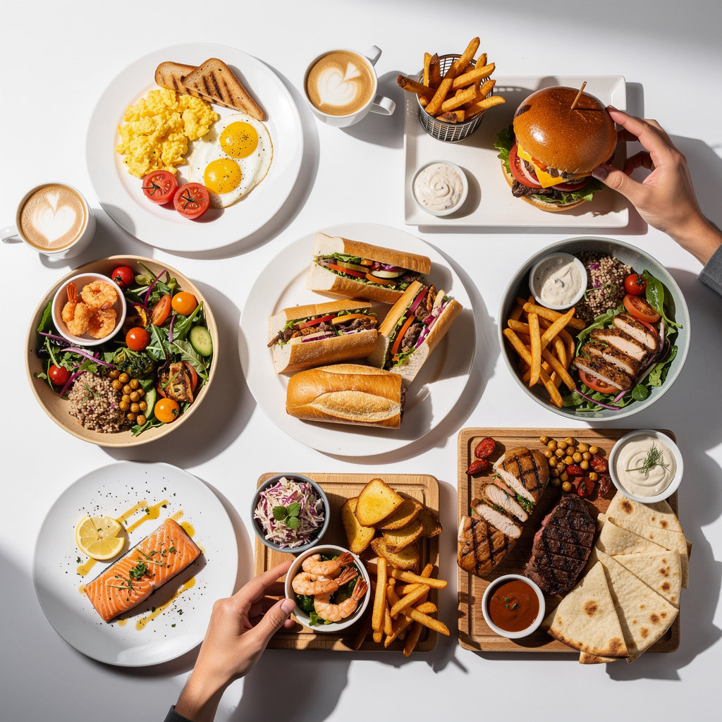 El Fervvo full menu selection featuring smash burgers, breakfast items, fresh salads, sandwiches, and seafood dishes